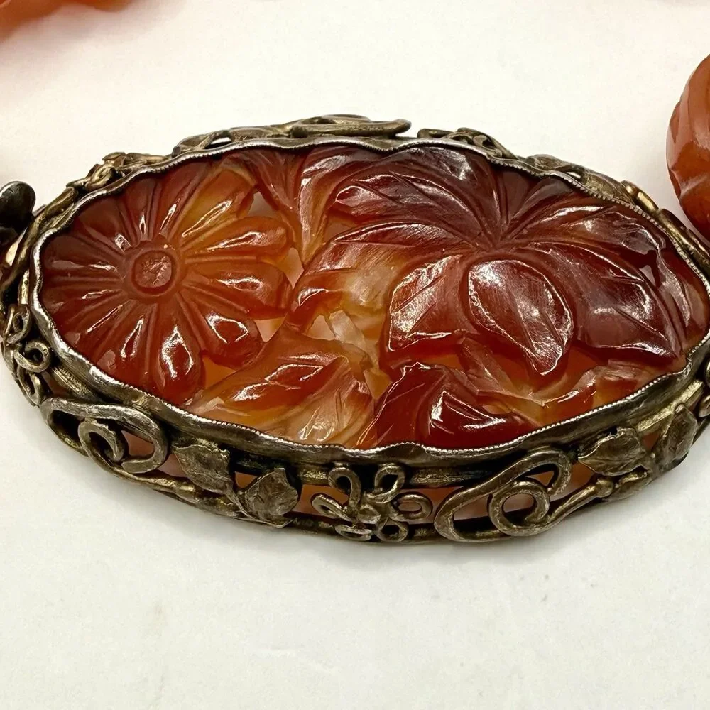 Vintage Chinese Carved Carnelian Sterling Silver Filigree Art Deco Bead Necklace